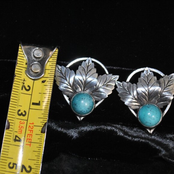 Vintage Sterling Silver & Turquoise Leaves Screw-back Earrings Native American - Picture 11 of 12